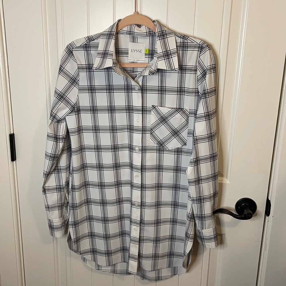 Lysse Black and White Plaid Long Line Button Down Shirt
